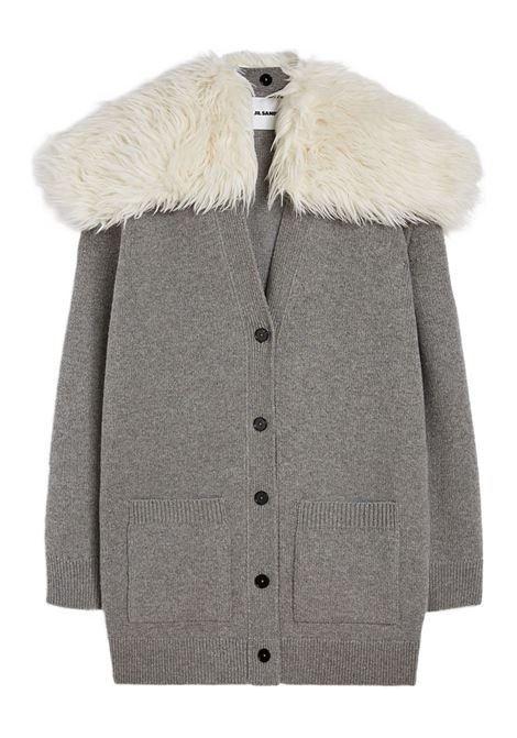 Grey faux-fur collar V-neck cardi-coat Jil sander - women